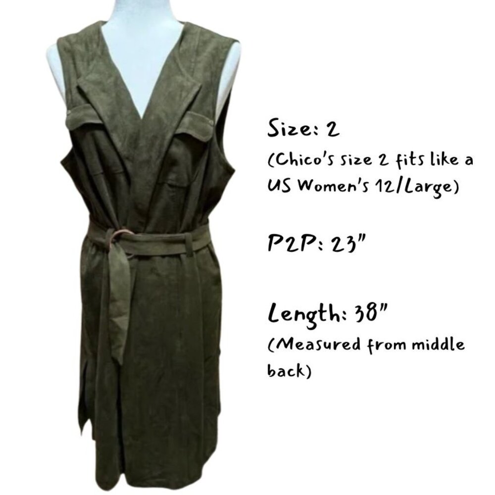 Chico's Olive Green Faux Suede Belted Longline Duster Vest - Size 2/Large - EUC - Picture 2 of 14